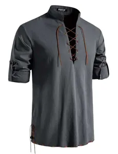Andriko linaro poukamo makrymaniko casual me kordonia henley top aneto vamvakiero roucho