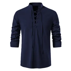Close-up detail of mens casual long sleeve linen shirt with lace-up stand collar design.