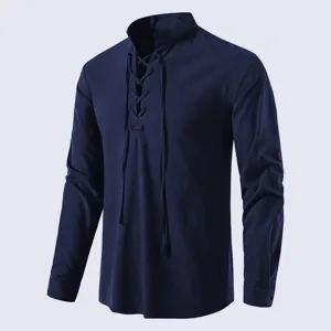 Men long sleeve linen shirt detail, casual stand collar with lace up design, navy blue top.