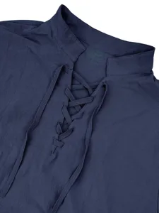 Men's casual long sleeve lace-up mandarin collar linen shirt detail view for spring autumn.