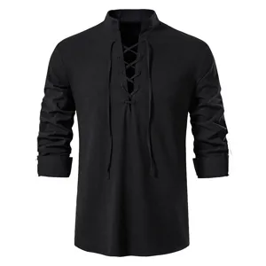 Men's casual long sleeve black shirt with lace-up stand collar and linen texture top.