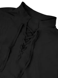 Close-up detail of mens black stand collar long sleeve shirt featuring a lace-up front.