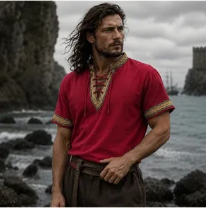 Men's medieval pirate shirt cotton lace-up renaissance Viking retro short sleeve top