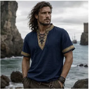 Medieval pirate shirt for men, cotton lace-up vintage Renaissance Viking top detail view.