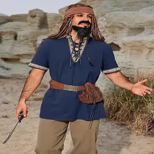 Men's medieval pirate shirt lace-up vintage V-neck Renaissance costume top for Halloween