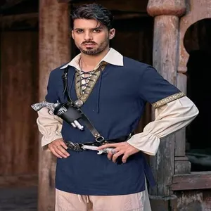 Men's medieval pirate shirt, vintage lace-up renaissance Viking costume top for Halloween.