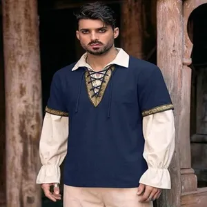 Detail shot of the medieval men pirate shirt featuring lace-up front and gold trims.