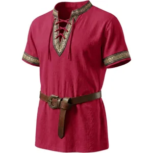 Men medieval pirate shirt cotton lace up Renaissance retro Viking short sleeve top detail.