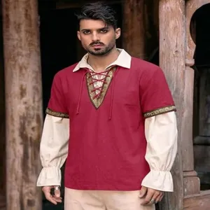Men's Medieval Pirate Shirt Renaissance Lace-Up Viking Vintage Gothic Halloween Cosplay Top