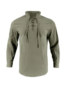 Men's long sleeve linen shirt lace up stand collar casual autumn spring top tee shirt