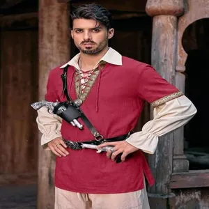 Men's medieval pirate shirt lace up renaissance shirt vintage viking cosplay costume top detail