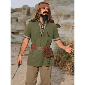 Men medieval pirate shirt lace up Renaissance Viking vintage short sleeve cosplay costume top