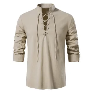 Men Casual Lace-Up Stand Collar Linen Long Sleeve Shirt Beige Fashion Spring Top Apparel