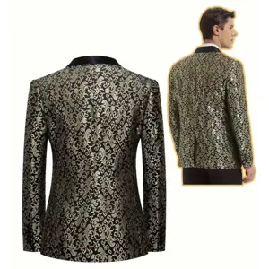 Men's fashion patterned suit blazer detail view showing back floral print and black lapel.