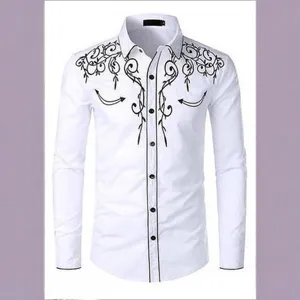 Men's Long Sleeve Embroidered Shirt Casual Business Spring Autumn White Button Down Top