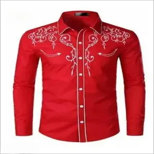 Men's red long sleeve embroidered shirt, classic western style button-down casual shirt top.