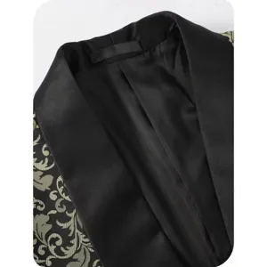 Close-up detail of luxury black satin shawl lapel men formal suit jacket baroque pattern
