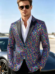 Blazer de lentejuelas coloridas para hombre con solapa negra, ideal para fiestas y actuaciones.