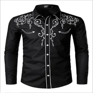 Men's black long sleeve button-up shirt with white embroidery and western style piping.