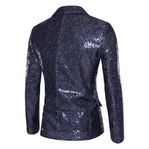 Vista trasera de la chaqueta de lentejuelas azul marino para hombre, corte slim elegante.
