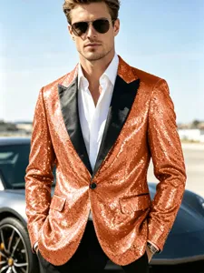 Blazer de lentejuelas naranja para hombre con solapa negra, chaqueta elegante para fiestas y eventos.