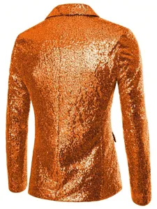 Back detail view of the bright orange sequin men's blazer, shining stage party jacket.
