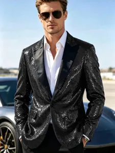 Chaqueta de traje de lentejuelas negras para hombre elegante blazer para fiesta club