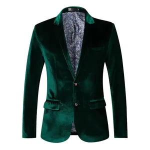 Men's dark green velvet suit jacket slim fit two button blazer with classic paisley lining.