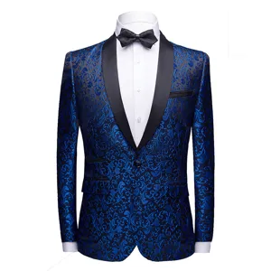 Men's Blue Floral Print Blazer Slim Fit One Button Tuxedo Jacket for Party Wedding
