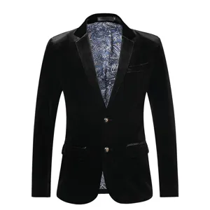 Men's black velvet blazer detail, featuring a stylish blue paisley inner lining and lapel.