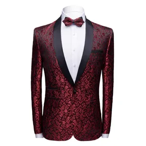 Men's red floral pattern slim fit blazer jacket with black shawl lapel for formal events.