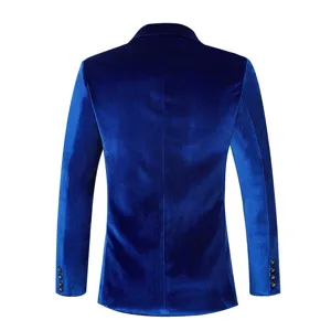 Men's royal blue velvet blazer slim fit solid color single breasted casual jacket detail