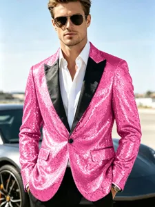 Chaqueta de blazer de lentejuelas rosas para hombre con solapa negra fiesta.