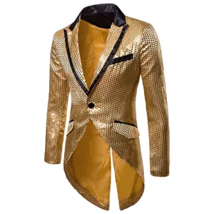 Gold sequin men tuxedo tailcoat jacket with black lapel evening party stage costume.