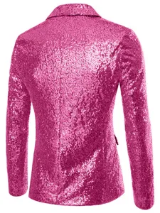Vista trasera de un blazer con lentejuelas rosas brillantes para hombre, ideal para fiestas.