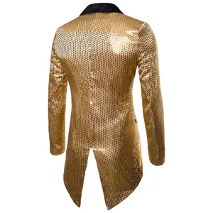 Men's gold sequin tailcoat blazer back view, stylish evening party lapel suit jacket.
