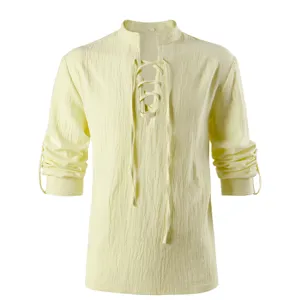 Men's medieval vintage lace-up long sleeve shirt gothic victorian costume top yellow
