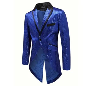Details of men blue sequin tailcoat jacket, showing glittering fabric and formal lapel collar design.