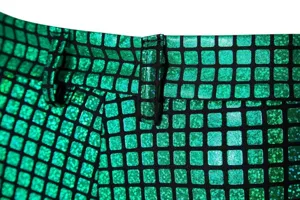 Gros plan sur la ceinture du pantalon à motif grille vert métallisé brillant pour fête.