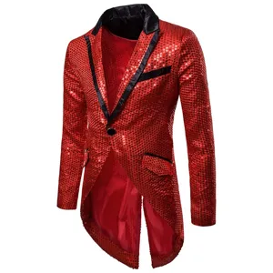 Detail view of red sequin tailcoat featuring black lapel and single button design for men.