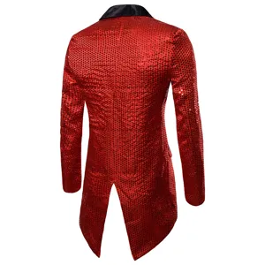 Men red sequin tailcoat evening party blazer with black lapel, stylish performance suit.