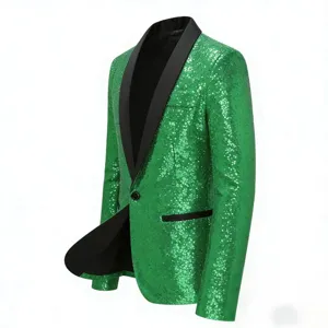 Men's green sequin blazer with black lapel, stylish single button party club suit jacket.