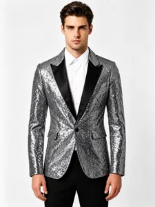 Herren silberner Pailletten Blazer schmale Passform formelle Jacke mit schwarzem Revers.