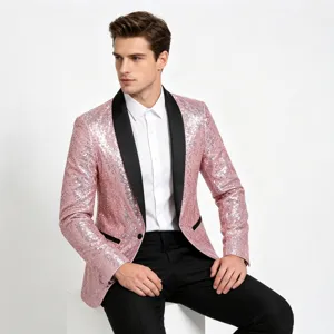 Blazer de lentejuelas rosa para hombre chaqueta entallada elegante con solapa chal negra.