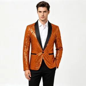 Chaqueta de esmoquin con lentejuelas para hombre ajuste delgado abrigo brillante de fiesta