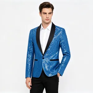Chaqueta de traje con lentejuelas azules para hombre con solapa de chal negro vista principal