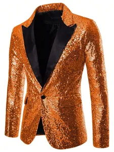 Men's orange sequin blazer sparkling party nightclub stage performance formal suit jacket detail.