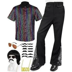 Herren 70er Jahre Disco Kostüm Set Glänzendes Pailletten Hemd Schlaghose Outfit