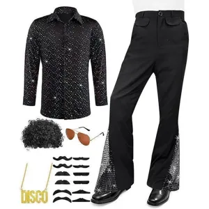 Set Costume Disco Anni 70 Uomo Camicia Lucida Pantaloni Zampa Accessori per Feste