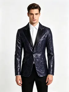 Detailansicht der dunkelblauen Pailletten Herrenjacke, eleganter Smoking für Bühne und Party Wear.